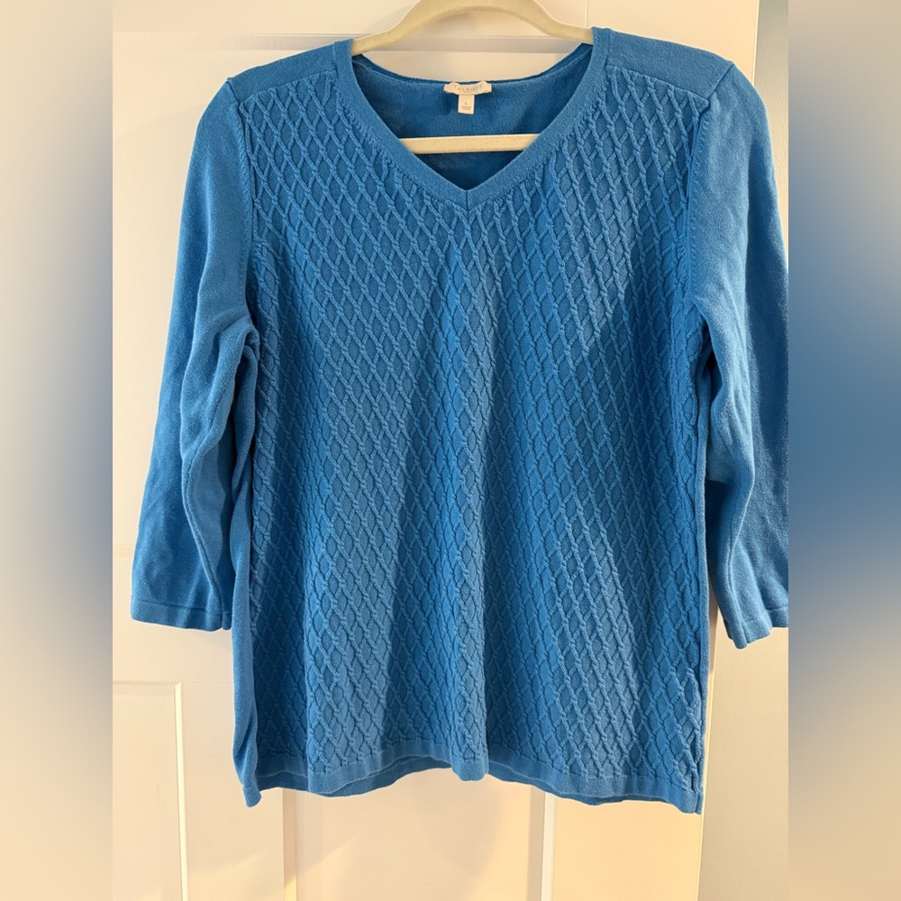 Talbots  Blue Cotton Textured V-Neck 3/4 Sleeve Pullover Sweater Sz L